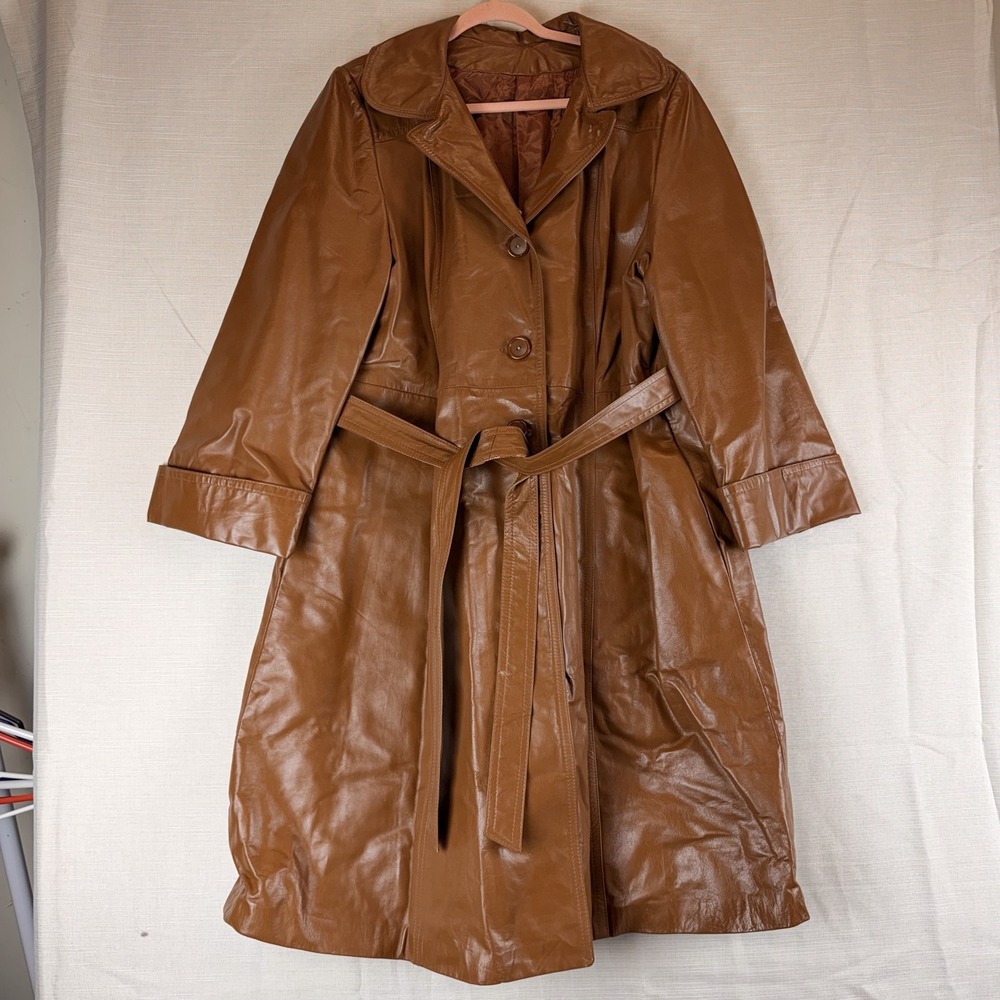 Vintage Leather Coat Womens Plus 22 Brown Belted Trench 3/4 Sleeve Long